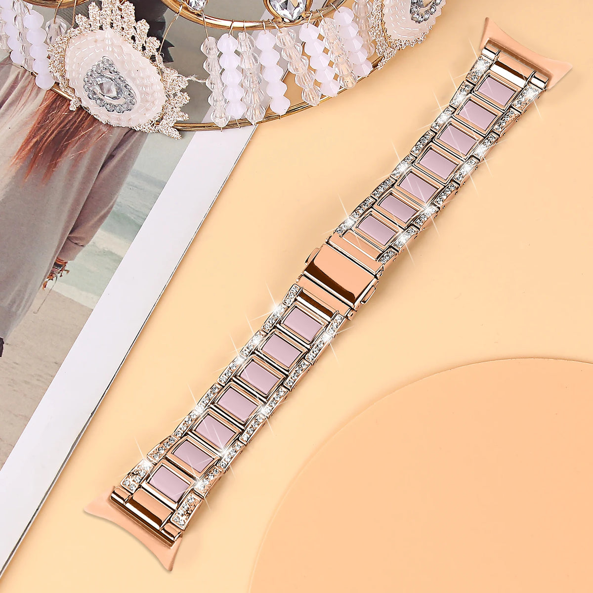 Rose Gold / Pink Google Pixel Watch 5, 4 and 3 41mm Resin Inlay Link Bracelet Band