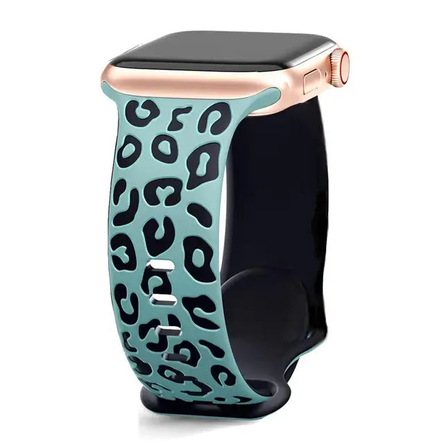 Aqua / Black leopard-pattern silicone Apple Watch band