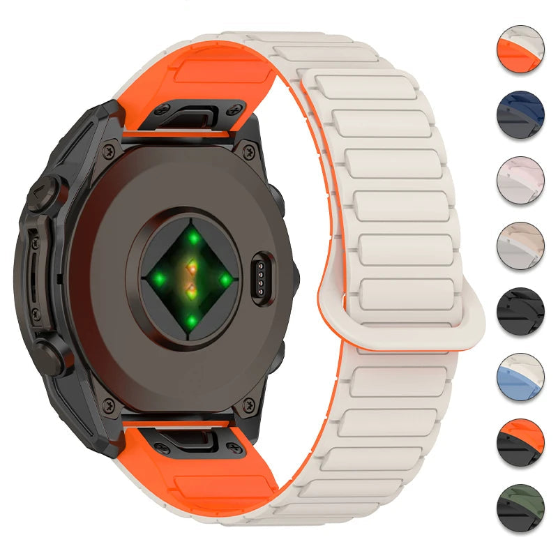 Garmin QuickFit Ribbed Magnetic Silicone Band ivory and orange band with color swatches