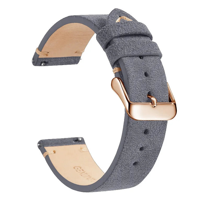 OnePlus Leather Quick Release Watch Band Strap for Smartwatch in grey suede with gold buckle.