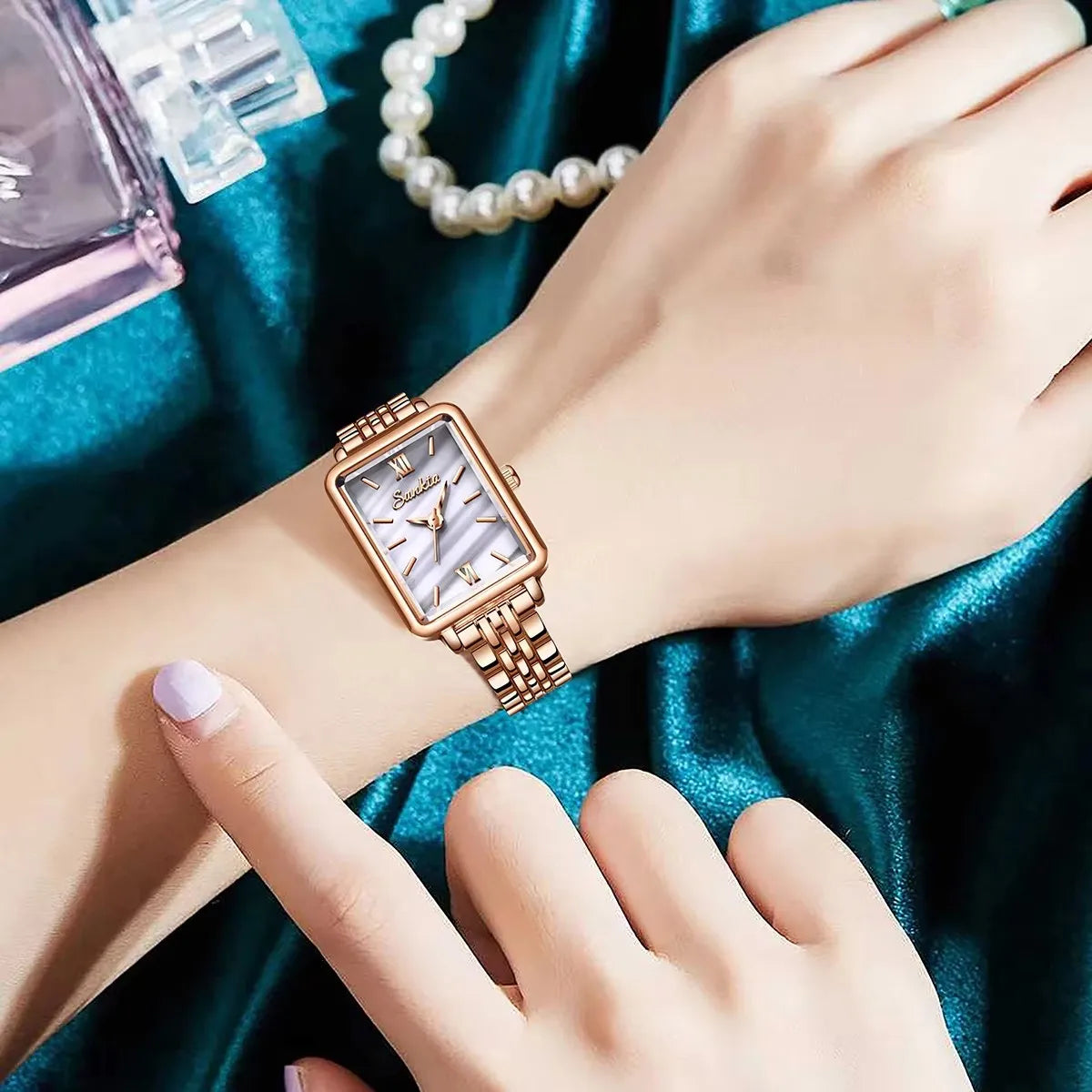 Women's Rectangular Pearl-Effect Dial Watch — Rectangular watch worn on wrist — BandsCo Straps
