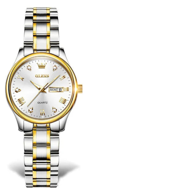 Women's 29mm Day-Date Stainless Steel Quartz Watch — Two-tone bracelet and white day-date dial