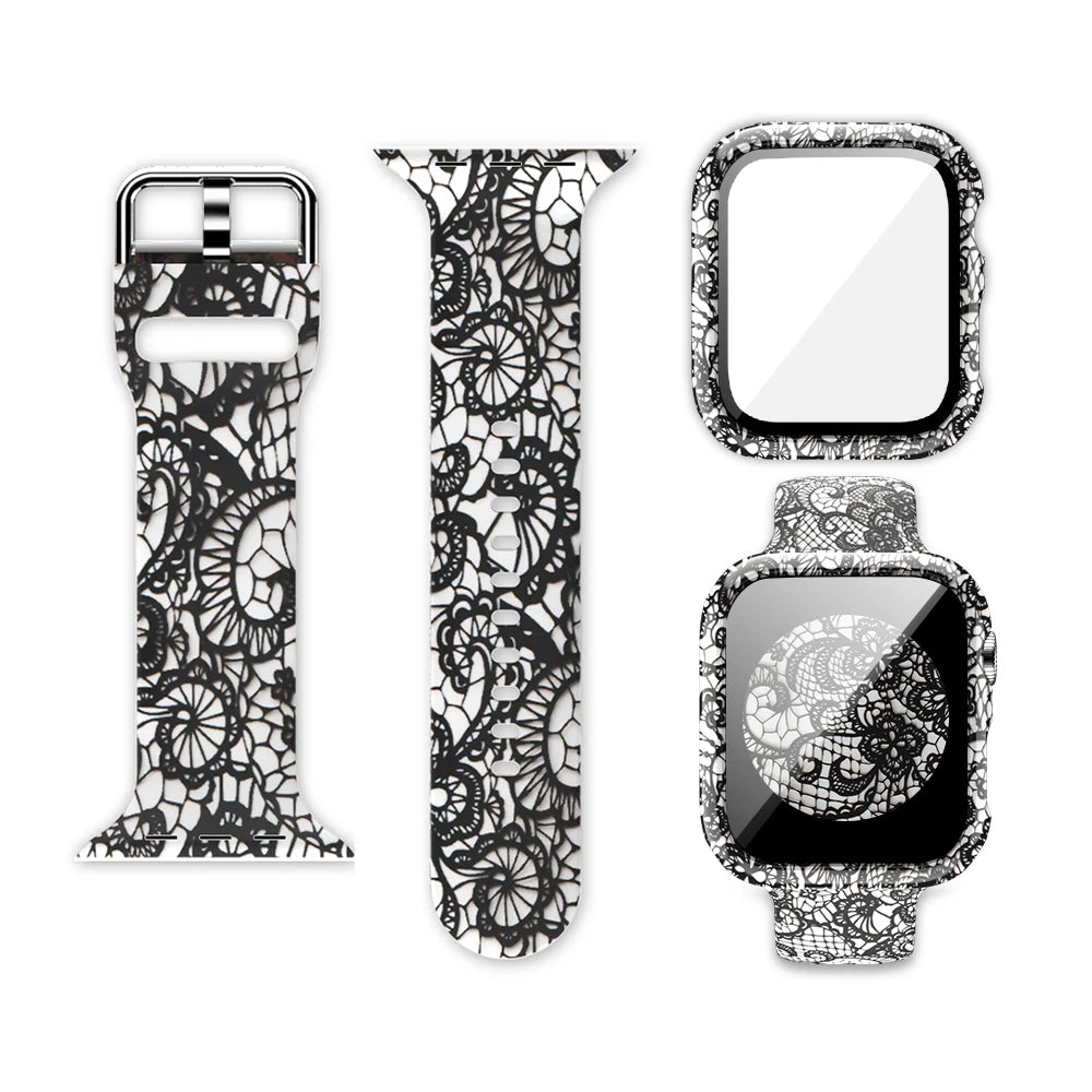 Printed Silicone Apple Watch Band - Floral & Animal Patterns in Black Lace Floral