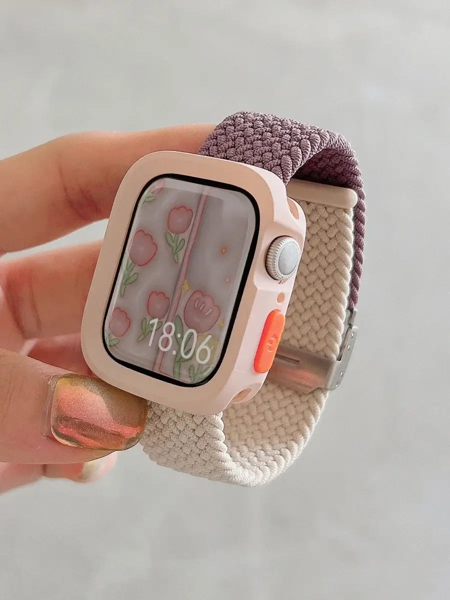 Pink Case - Mauve / Beige woven nylon Apple Watch band with matching case