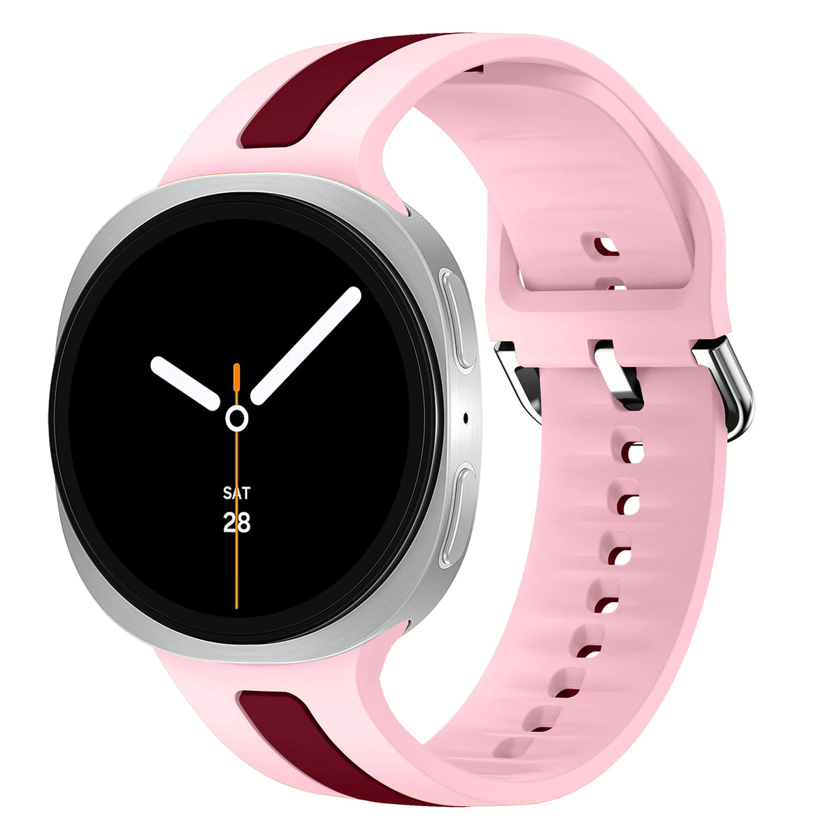 Samsung Galaxy Silicone Two-Tone Sport Watch Band - Watch8/Watch8 Classic/Watch9 in pink wine red, showing a stylish dual-color design.