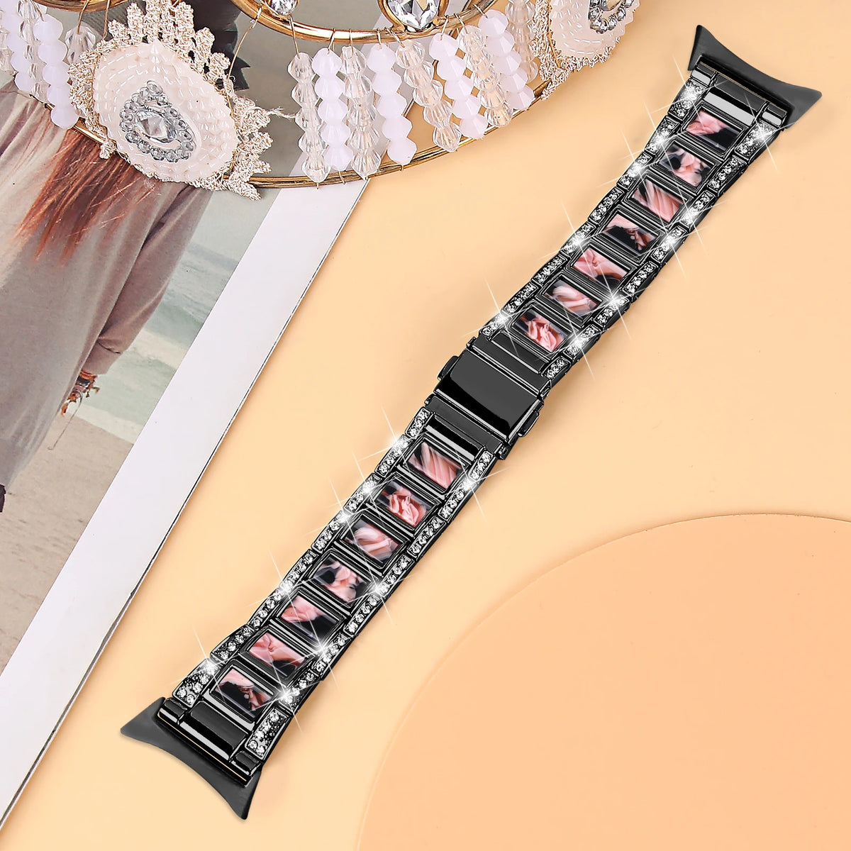 Black / Pink - Style 2 Google Pixel Watch 5, 4 and 3 41mm Resin Inlay Link Bracelet Band