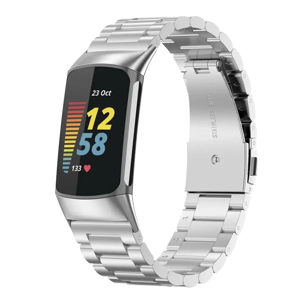 Fitbit Charge 5 & 6 Stainless Steel Three-Link Band silver bracelet shown on a tracker