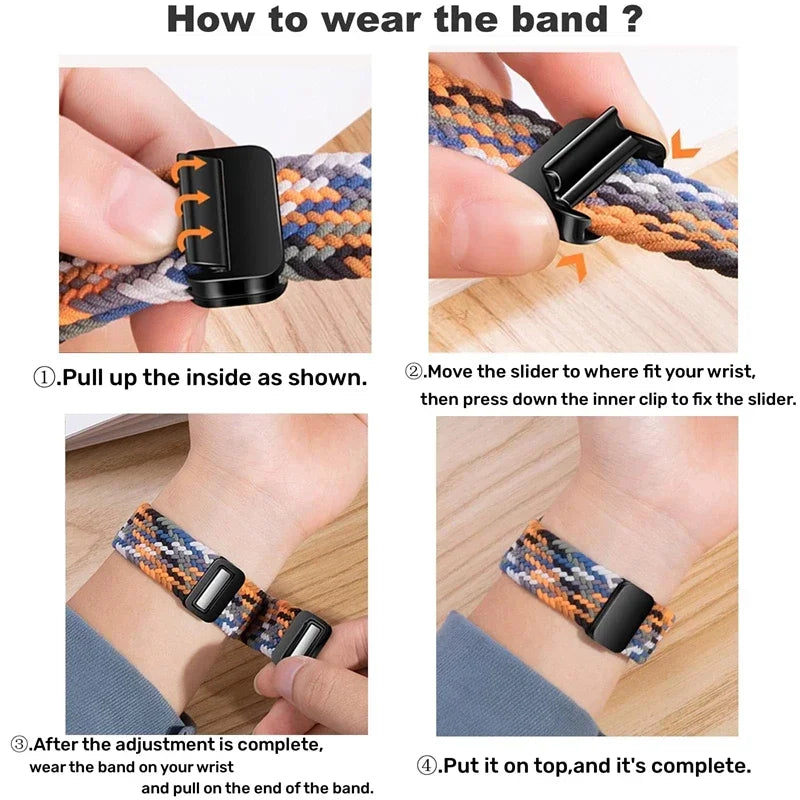 Illustrated instructions for adjusting and fastening the hook clasp for Apple Watch