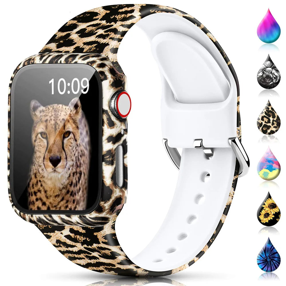Printed band with leopard design and a strip of pattern previews for Apple Watch