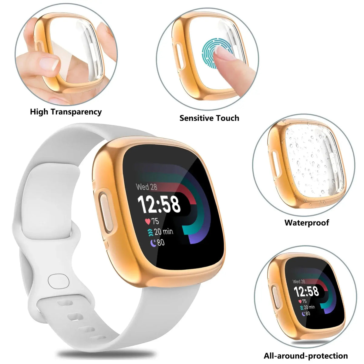Luxury case for Fitbit Versa and Sense with high transparency, sensitive touch, waterproof features, and all-around protection.