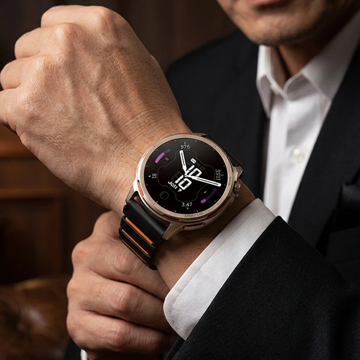 Samsung Galaxy Silicone Magnetic Watch Band Fits Watch8/Watch8 Classic/Watch9/Ultra/Ultra2 worn by a person in formal attire.
