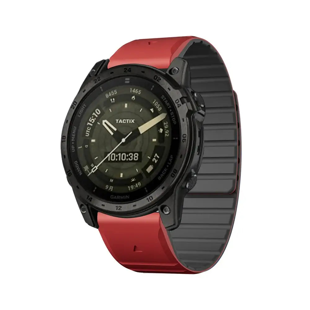 Garmin QuickFit Magnetic Silicone Wrap Band red and black band shown on a watch