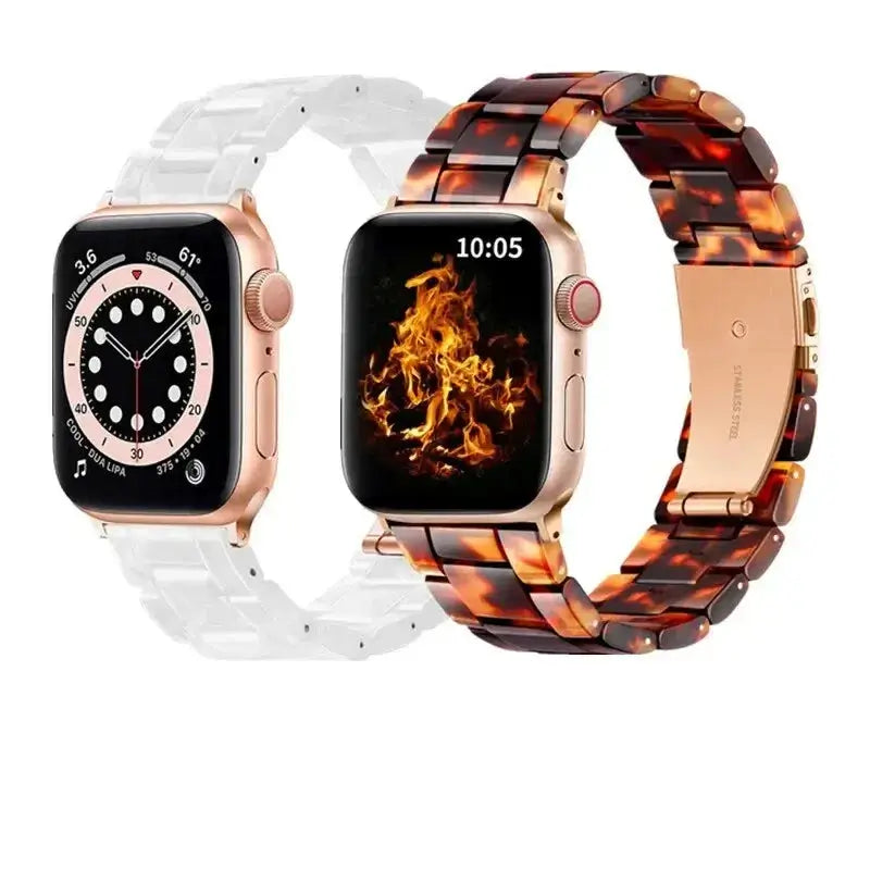 Pearl White and Amber Tortoiseshell resin Apple Watch bands displayed together
