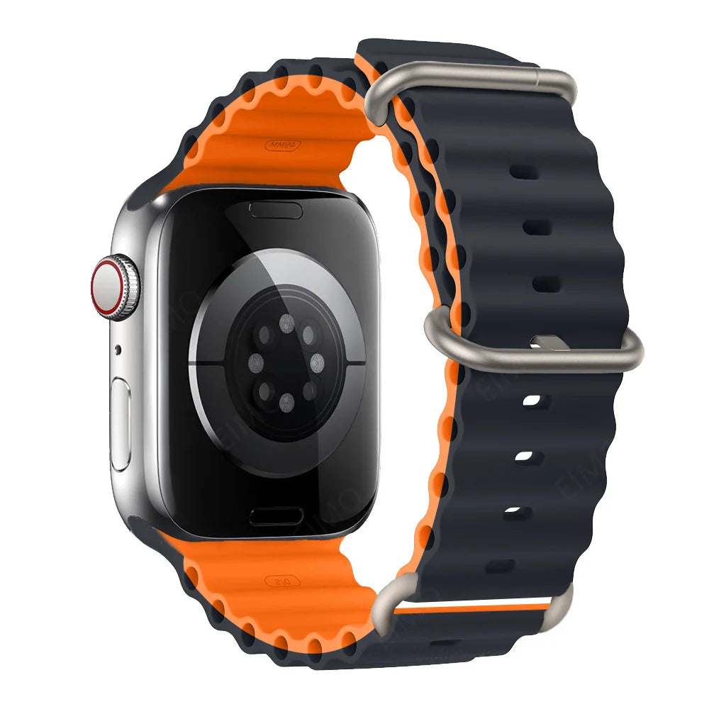 Ribbed Silicone Apple Watch Band with Adjustable Metal Loop in Navy / Orange