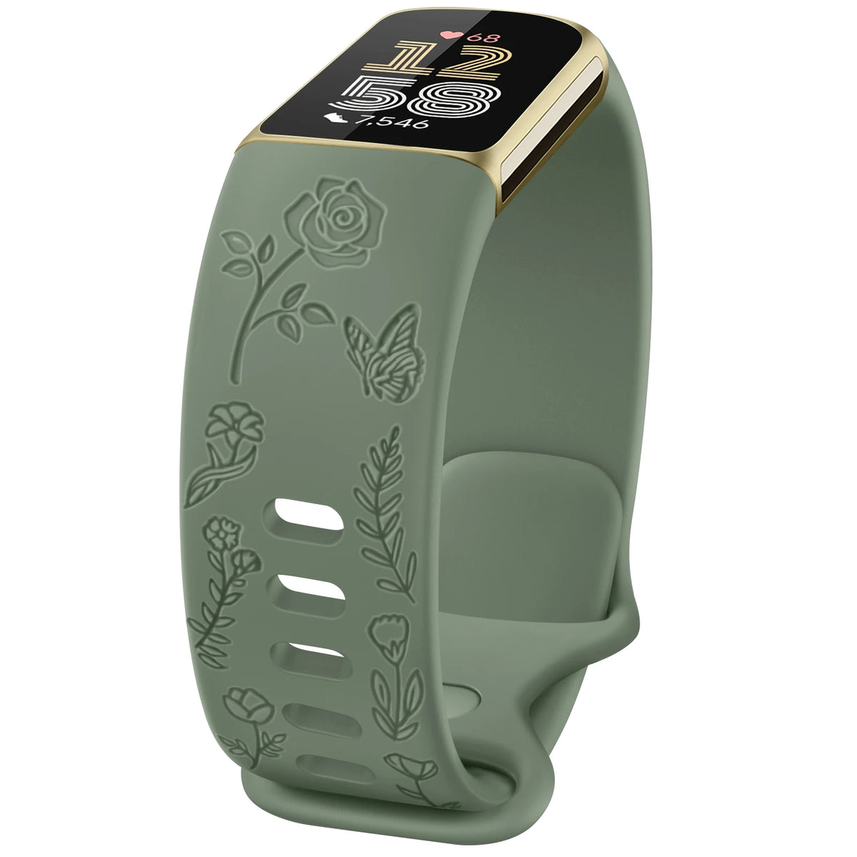 Avocado Green Fitbit Charge 5 and 6 Floral Engraved Band, Soft TPU