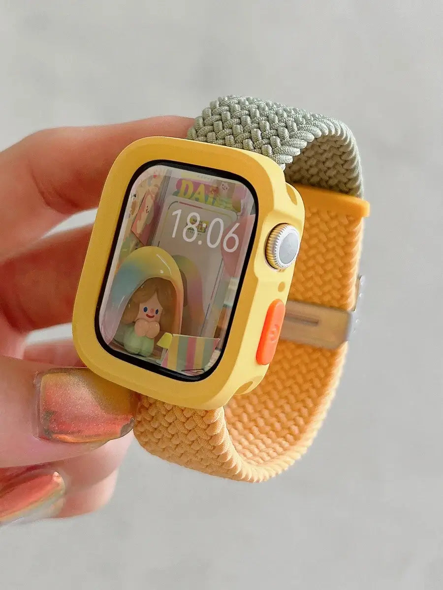 Olive and yellow woven Apple Watch band with yellow case