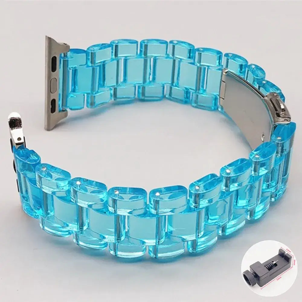 Clear Blue resin Apple Watch link band with adjustment tool