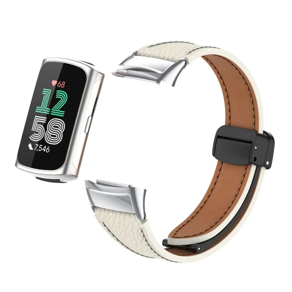 White Fitbit Charge 5 and 6 Leather Band with Magnetic Folding Clasp