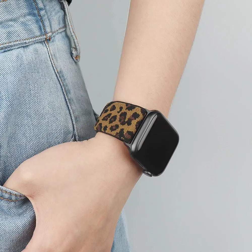 Leopard-pattern stretch nylon loop worn on a wrist for Apple Watch