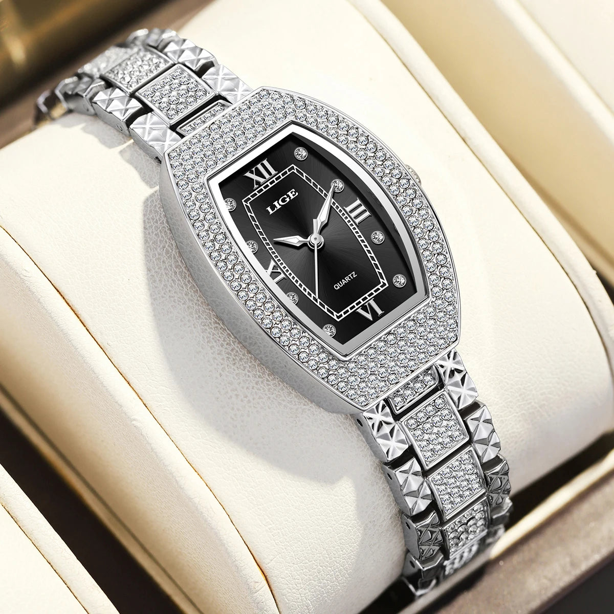 Women's Crystal Tonneau Quartz Bracelet Watch — Black dial with crystal-set tonneau bezel