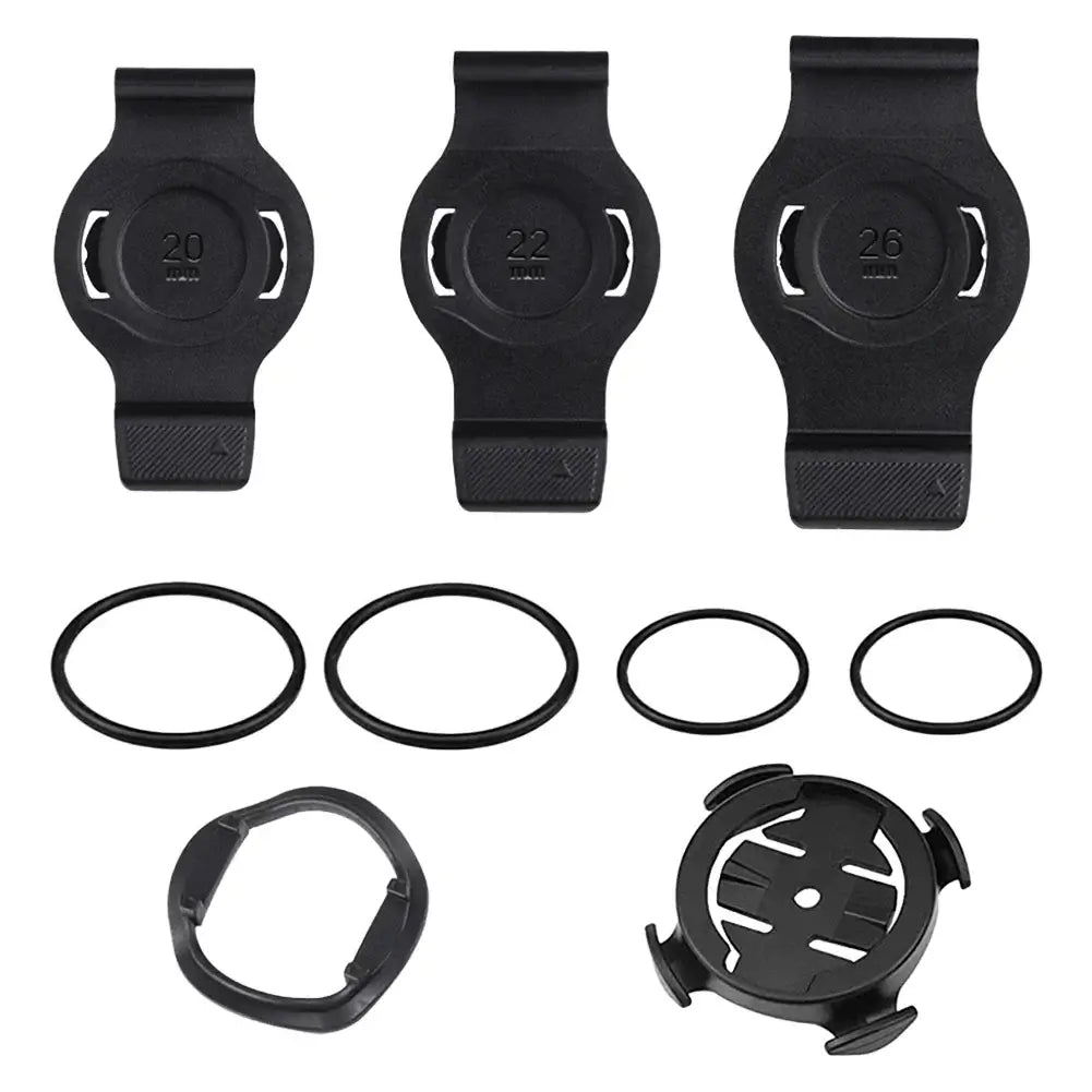 Garmin smartwatch bike mount accessories including adjustable clips and rubber rings for secure attachment.