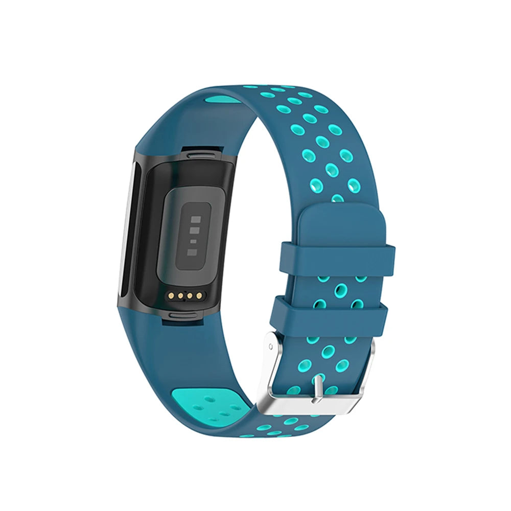 Fitbit Charge 5/6 Perforated Silicone Buckle Band - Blue and teal band on tracker