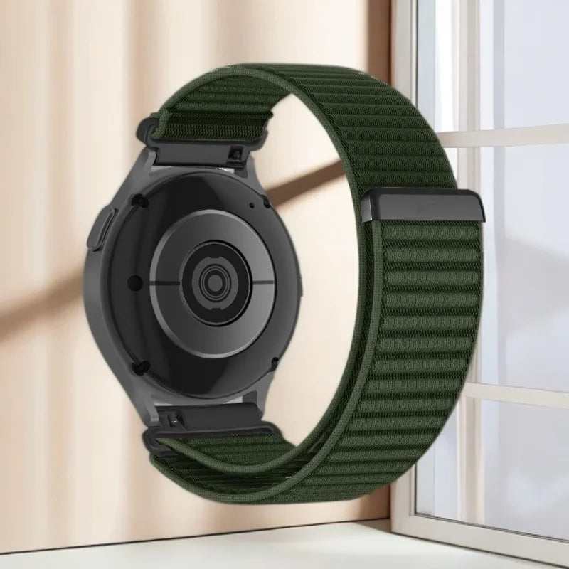 OnePlus Smartwatch Nylon Band Adjustable Velcro Sport Strap Bracelet in green color, showing the back of the smartwatch.
