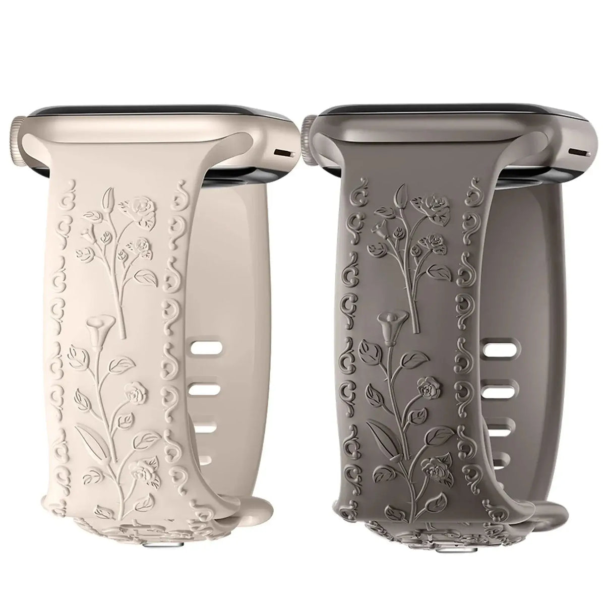 Ivory and taupe gray botanical engraved silicone Apple Watch bands