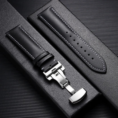 Garmin Leather Butterfly Clasp Band in Black, White Stitching