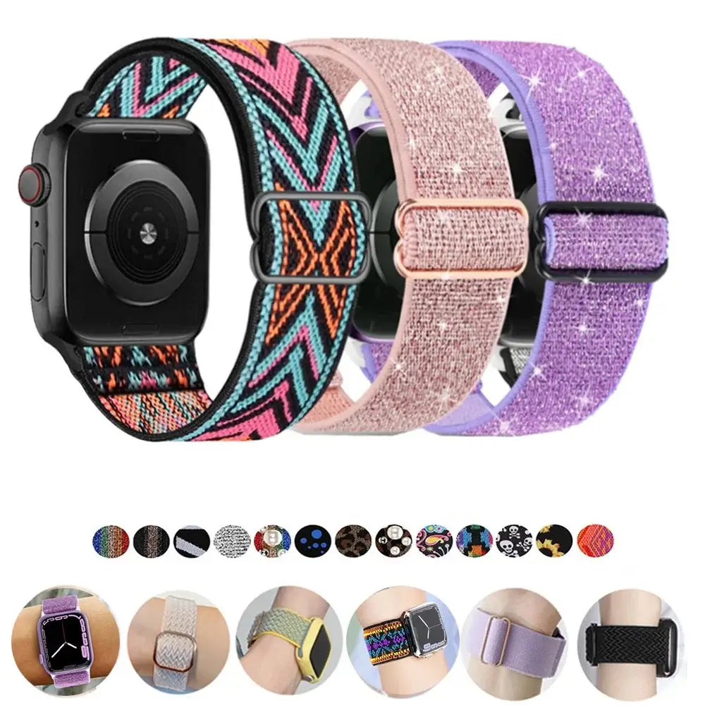 Patterned and shimmer Apple Watch bands with color and wrist preview images
