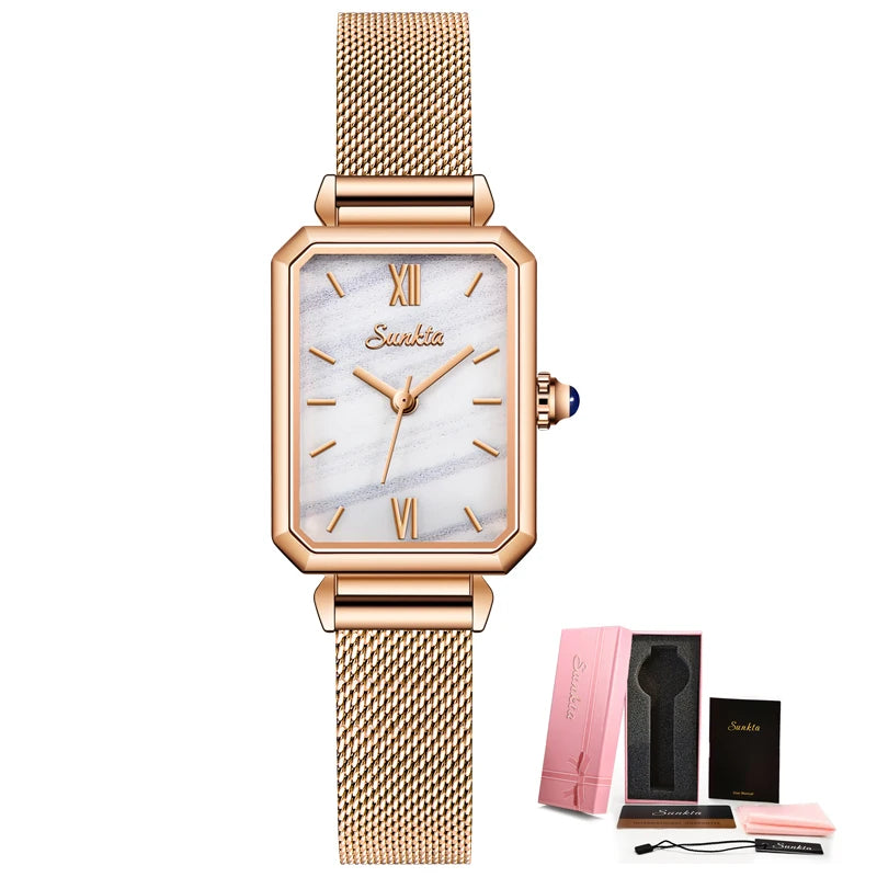 Women's Rectangular Quartz Watch with Mesh Band — Rose Gold Tone / White Dial
