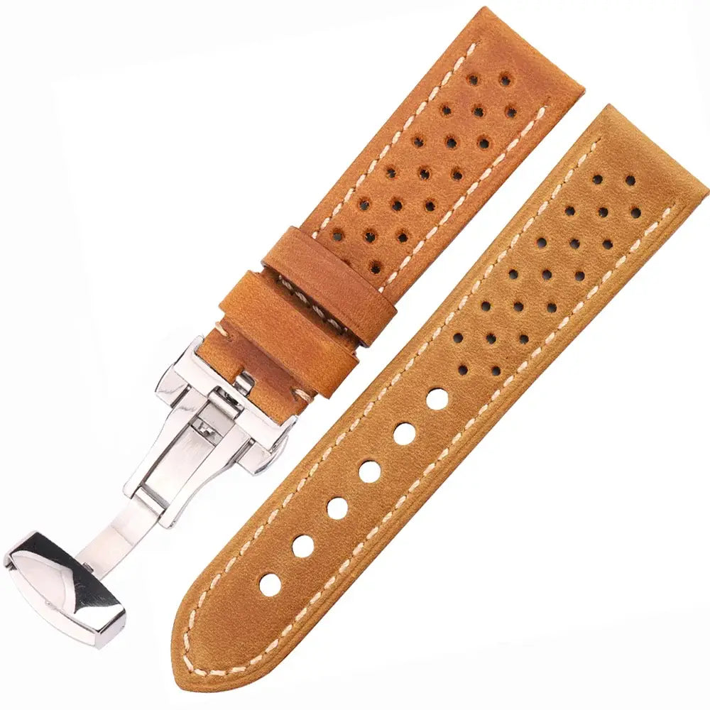 TicWatch Perforated Leather Folding-Clasp Band - Tan Brown