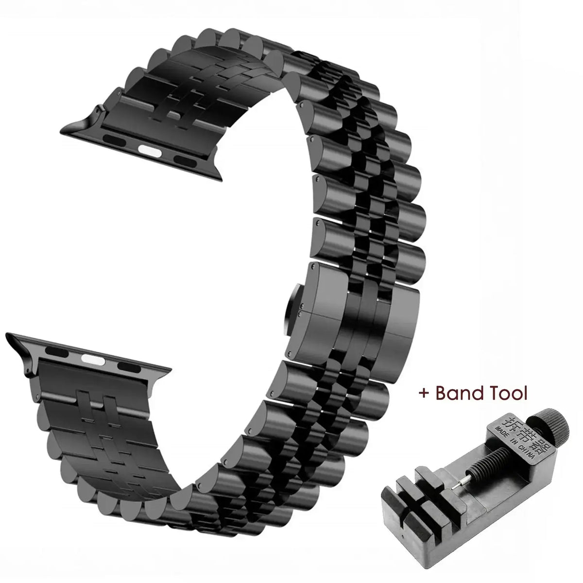 Black five-row stainless steel Apple Watch band with adjustment tool