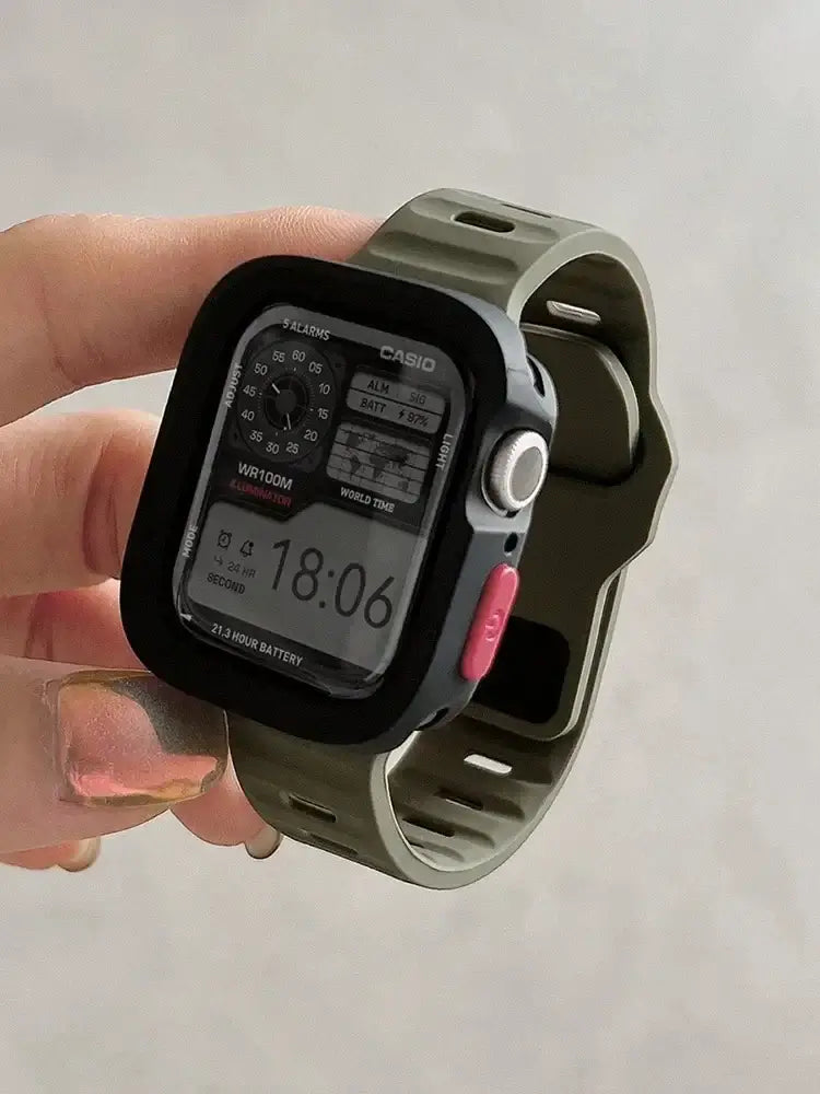 Black / Olive Green Apple Watch silicone band and bumper case; case color listed first for two-color combinations.