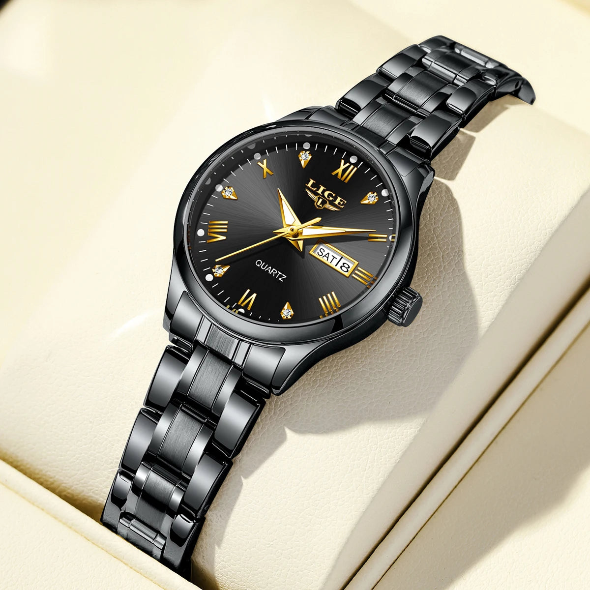 Women's 29mm Day-Date Quartz Bracelet Watch — Black dial and black bracelet