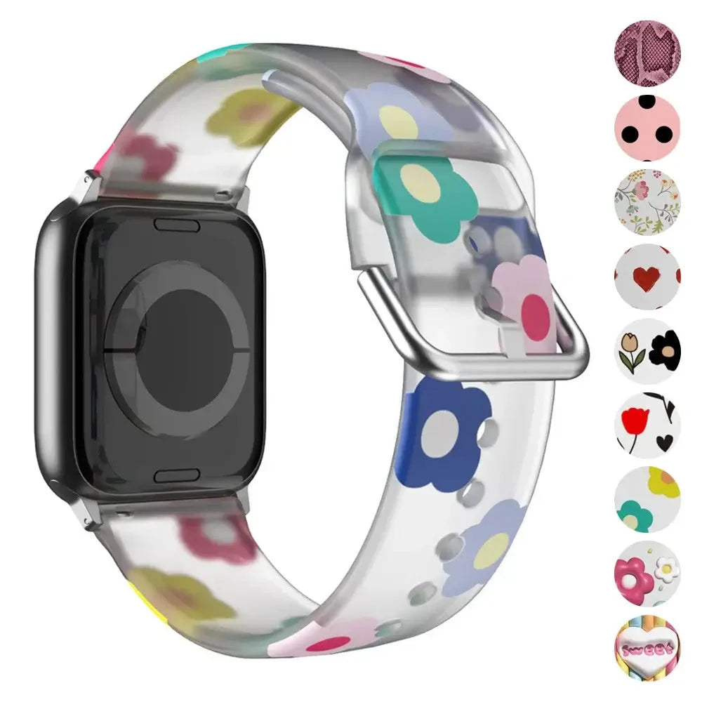 Clear floral Apple Watch band with side previews of additional patterns and colors.