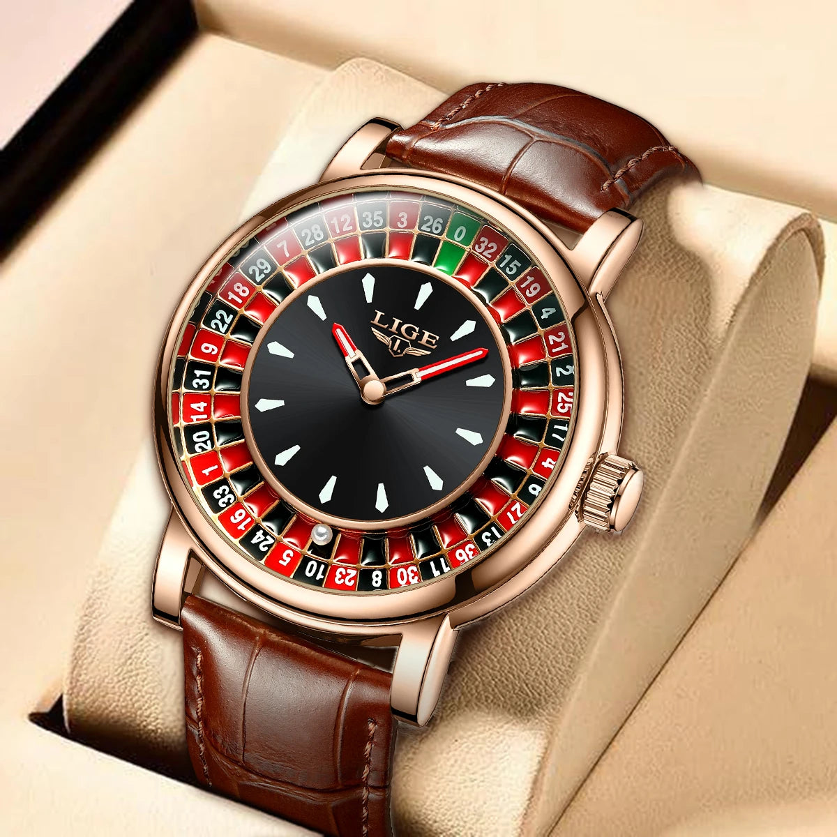 Women's Roulette Dial Leather Watch — Brown leather roulette dial watch — BandsCo Straps