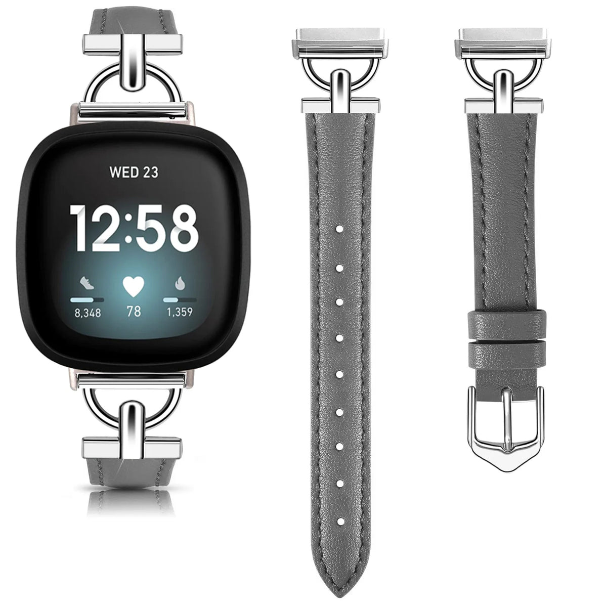 Gray Fitbit Versa 4, Versa 3, Sense 2 and Sense Slim Leather Band, D-Link