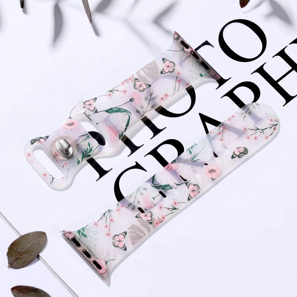 Clear Floral & Butterfly Silicone Apple Watch Band in Pink Flowers & Butterflies