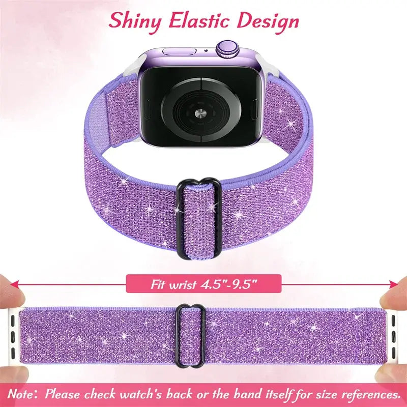 Purple shimmer Apple Watch band with wrist-size diagram