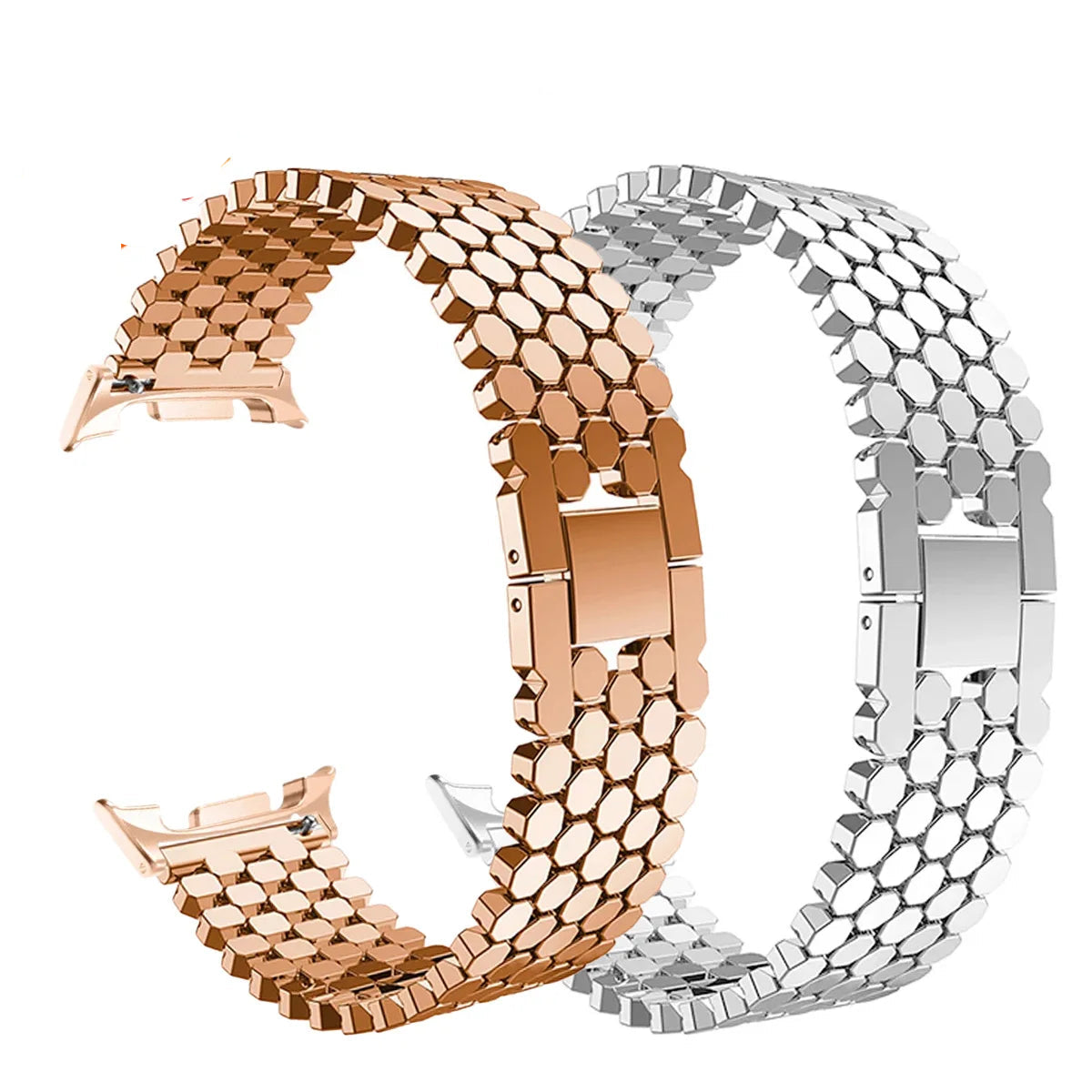 Samsung Galaxy Zinc Alloy Honeycomb Watch Band - Watch8/Watch8 Classic/Watch9/Ultra/Ultra2 in silver and rose gold.