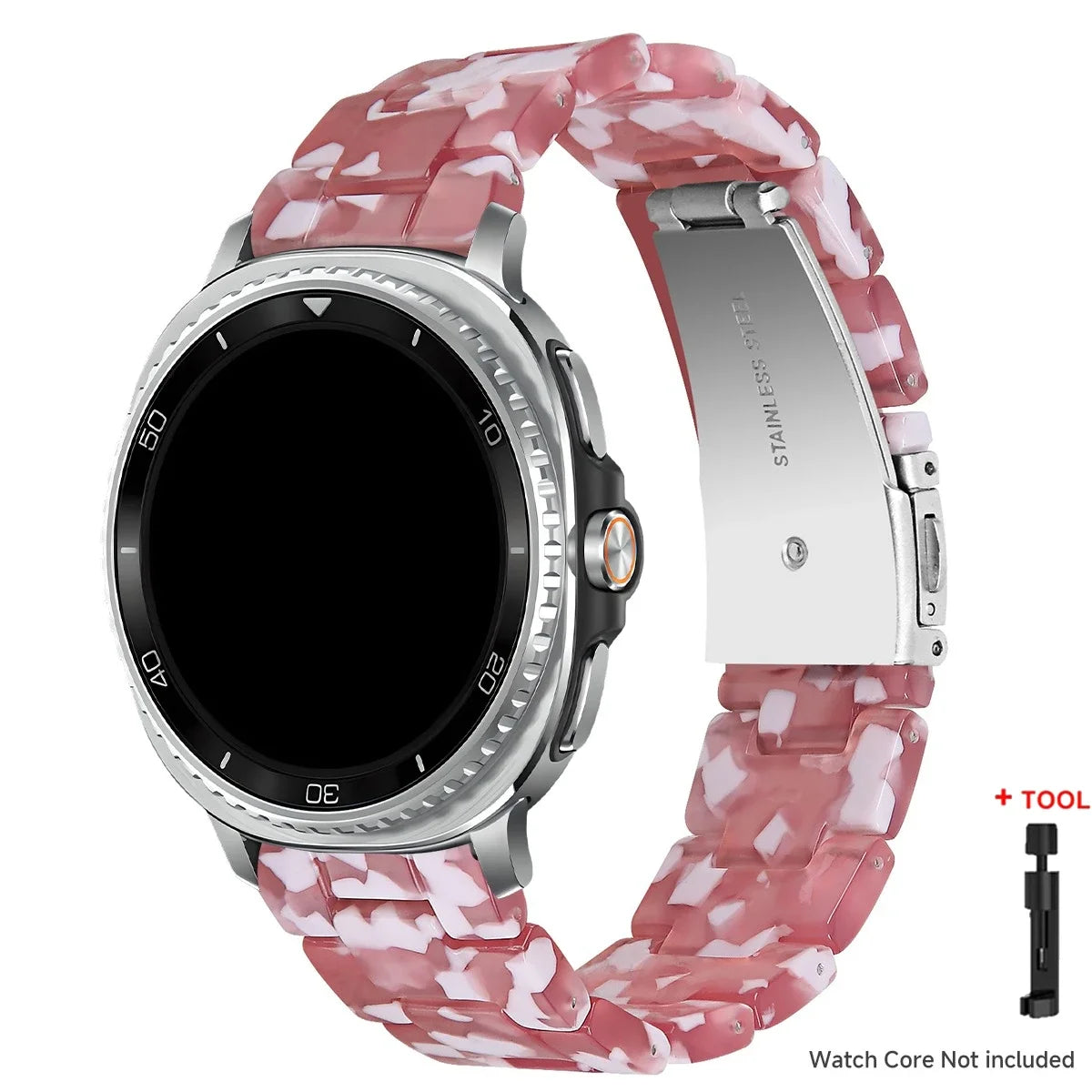 Samsung Galaxy Resin Link Watch Band - Tortoise Women Watch8/Watch8 Classic/Watch9 Ultra/Ultra2 with pink tortoise design.