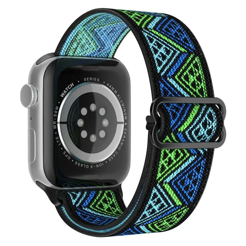 Blue / Green Geometric adjustable stretch nylon Apple Watch band