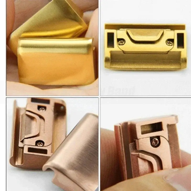 QuickFit stainless steel connectors in gold and rose gold, designed for Garmin smartwatches, showcasing modern style and durability.