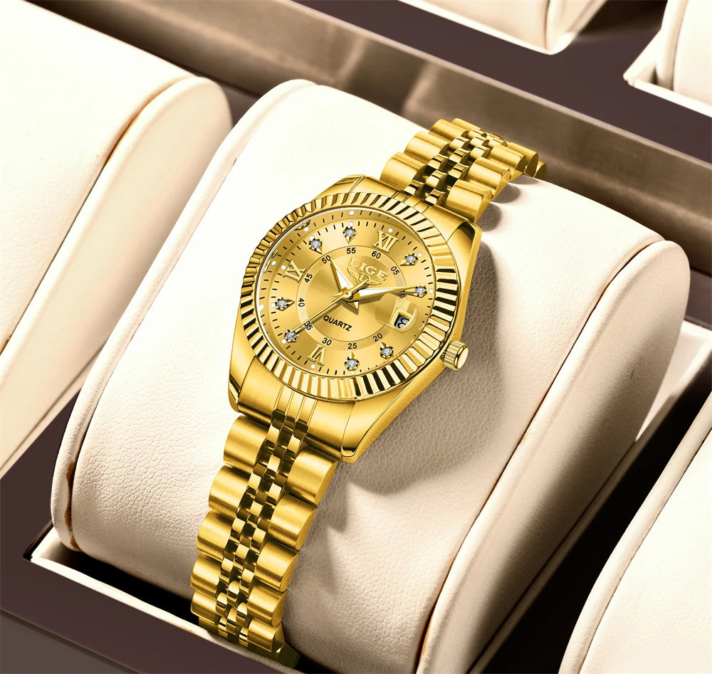 Women's 27mm Fluted Bezel Quartz Date Watch — Gold Tone / Gold Dial