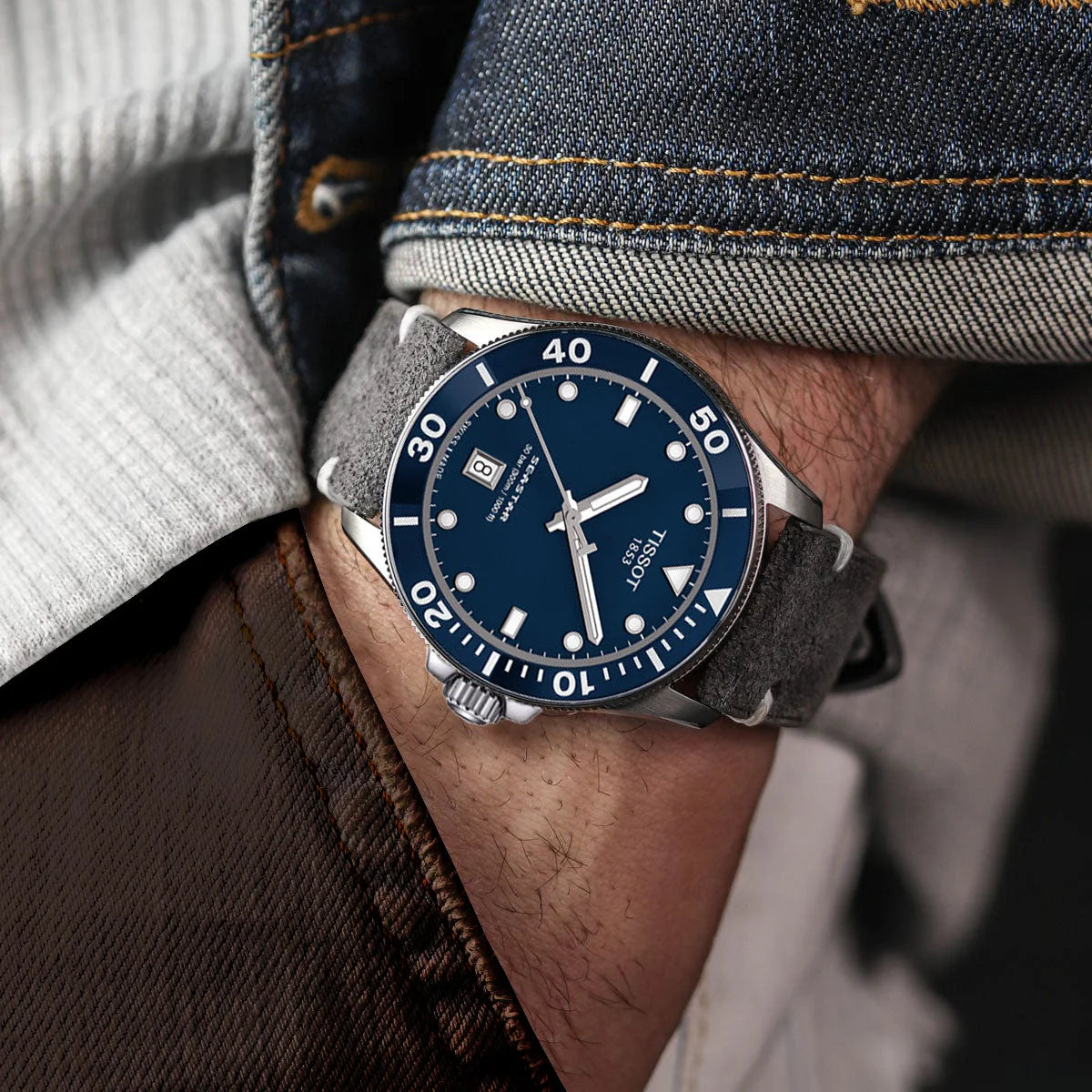 Polar Suede Leather Band with Buckle Color Options — Dark leather strap shown on wrist