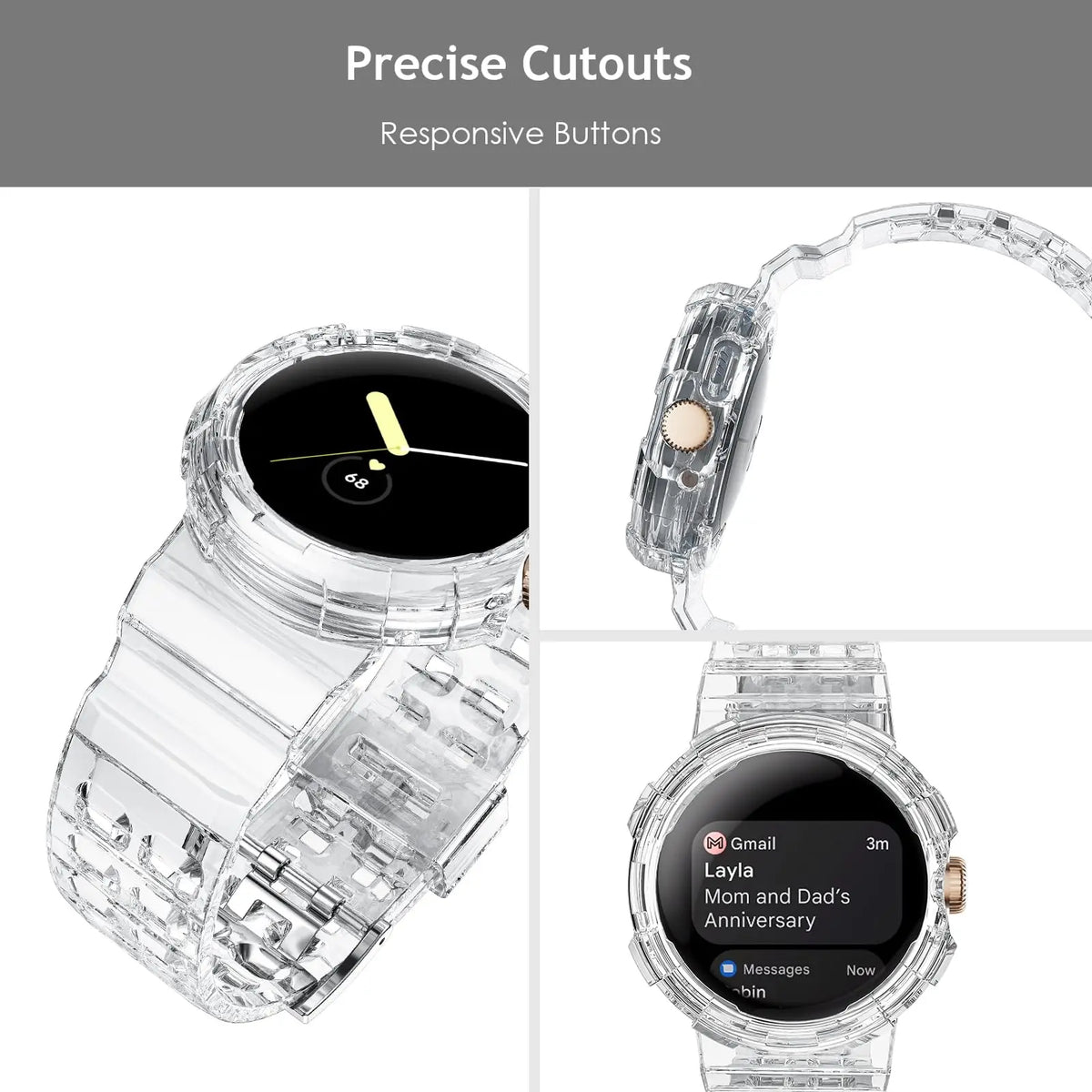 Google Pixel Watch 3, 2 and 1 41mm Clear TPU Band with Built-In Case — design detail