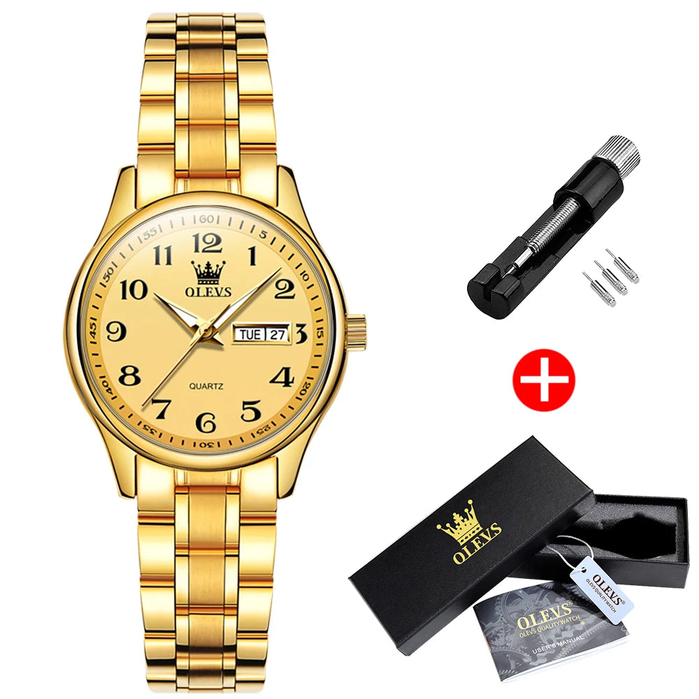Women's Arabic Numeral Day-Date Bracelet Watch — Gold Tone / Gold Dial — BandsCo Straps
