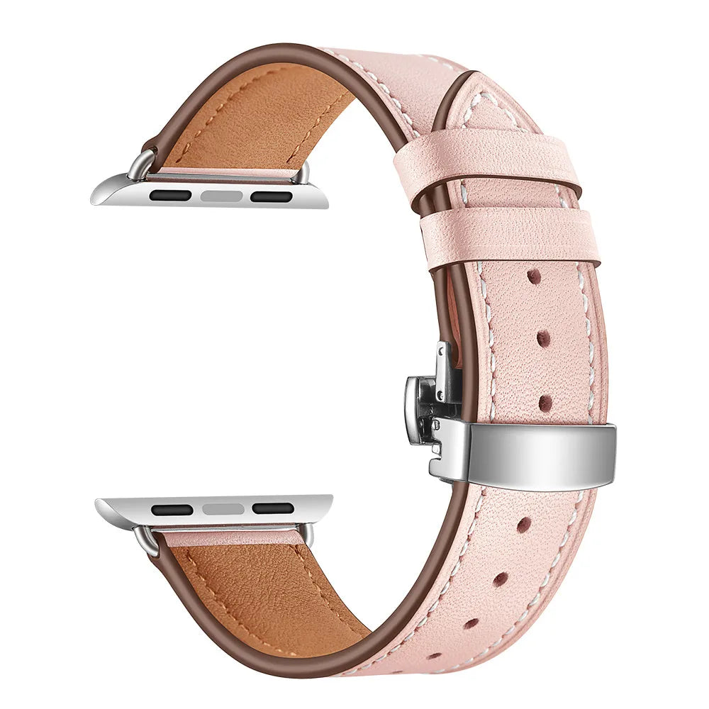 Contrast-Stitched Leather Apple Watch Band with Folding Clasp in Silver / Soft Pink