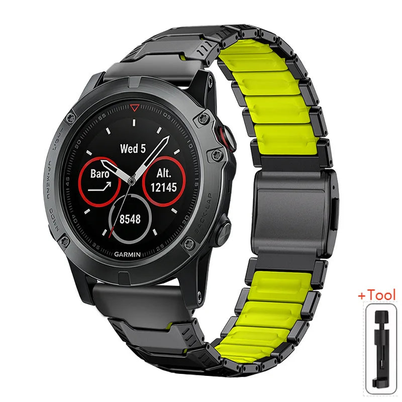 Black / Lime Green Garmin QuickFit 22/26mm Two-Tone Metal Link Band with Magnetic Clasp